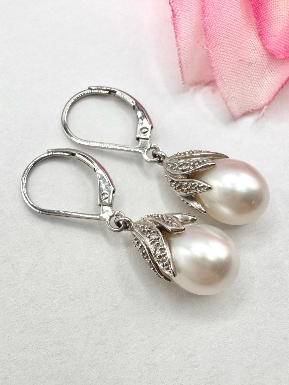 Sterling Silver 925 Pearl Drop Earrings Bridal Winter Wedding Bride Signed QS